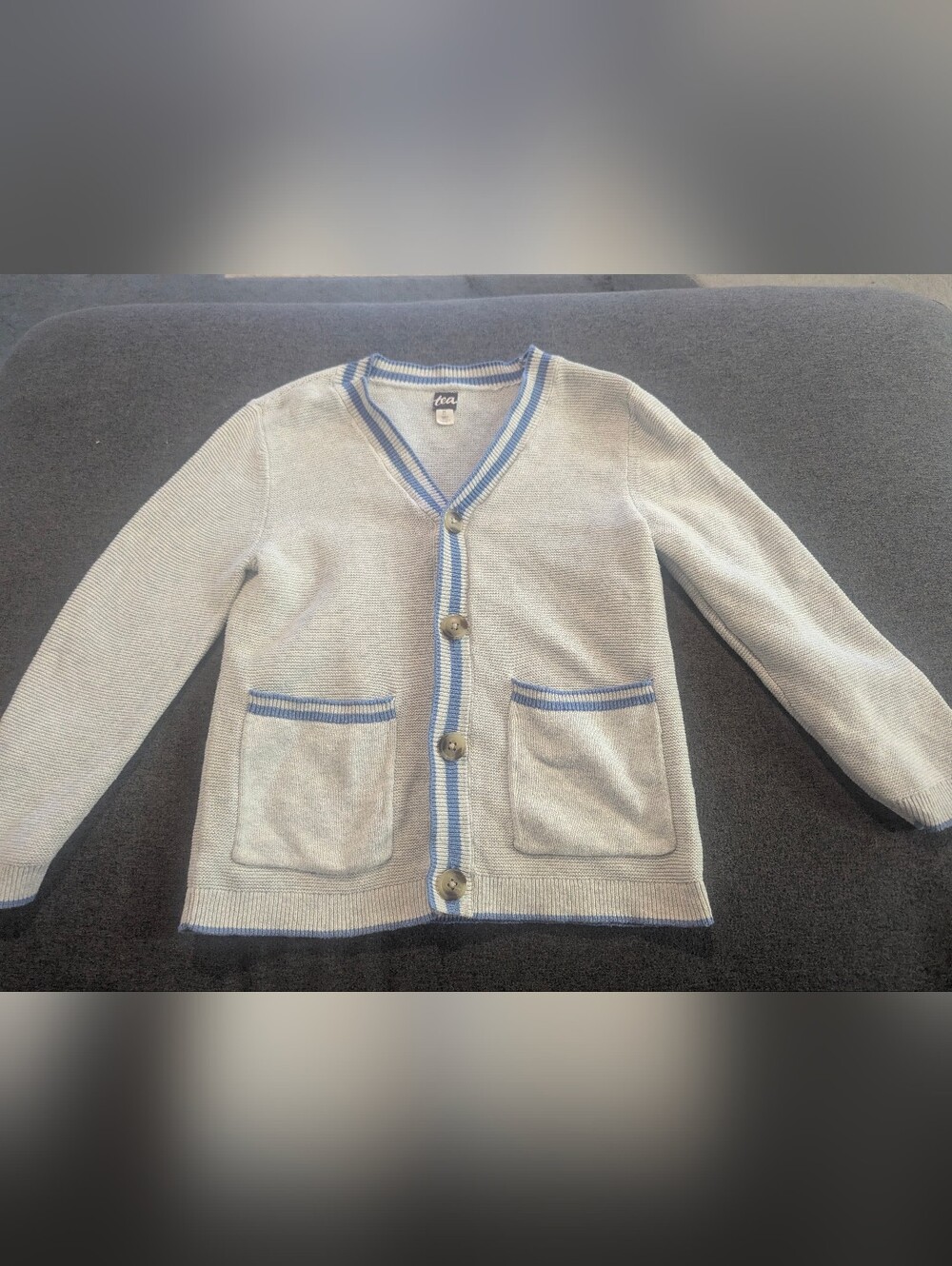 Tea Collection Light Gray Cardigan with Blue Trim